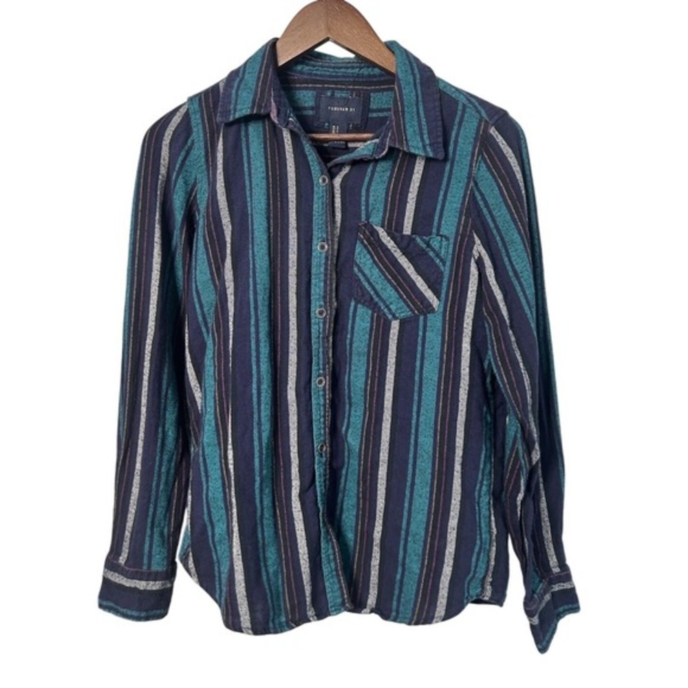 Forever 21 Womens Medium Navy Teal Striped Cotton Button Down Flannel Shirt